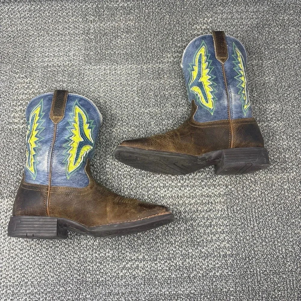 Ariat Koel VentTEK Kids Cowboy Boots Brown Blue Square Toe Youth Size 3.5